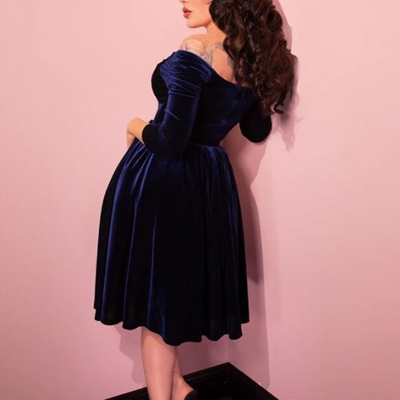 NWT Vixen by Micheline Pitt Navy Velvet Starlet Swing Dress - Picture 2 of 12